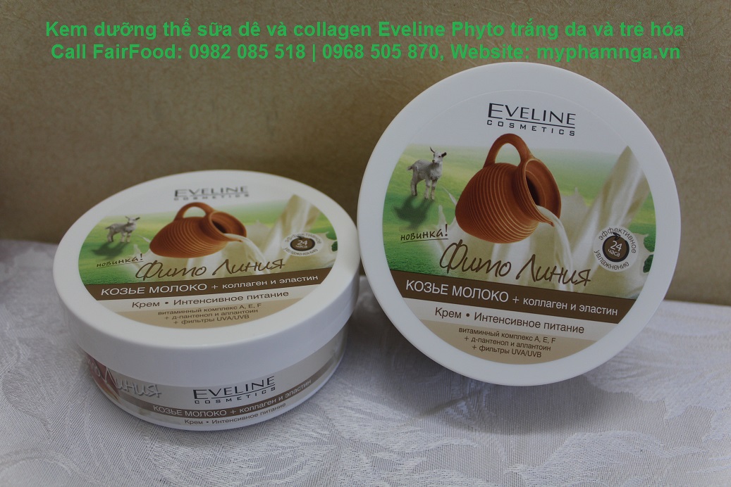 Kem dưỡng thể sữa dê và collagen Eveline Phyto dưỡng trắng da và trẻ hóa săn chắc, bảo vệ chống nắng UVA/UVB