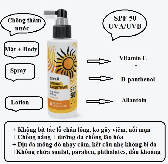 Kem chong nang SPRAY lotion khoang chong lao hoa da spf 50 ko bit tac lo chan long , vitamin B5